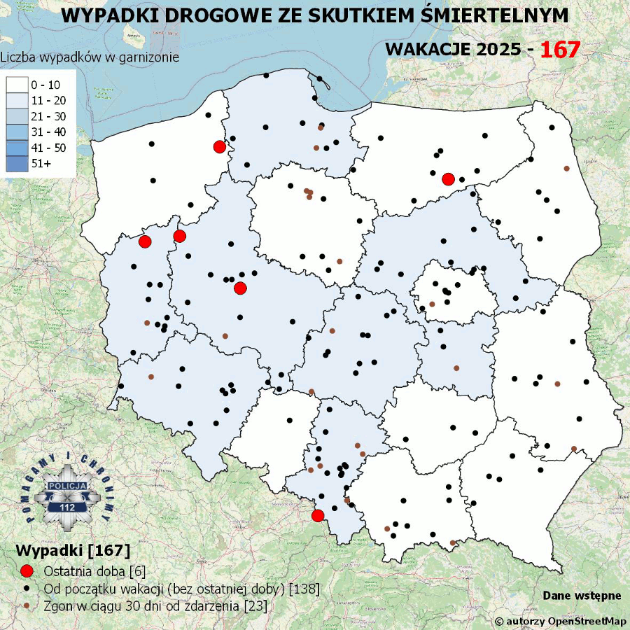 Mapa prezentująca liczbę wypadków poprzedniej doby w Polsce. Prezentowane dane są dostępne w tekście poniżej.