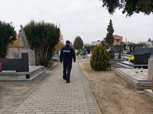 widzimy policjanta idącego alejką cmentarza.