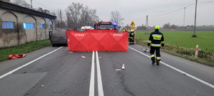 widzimy miejsce zdarzenia, parawan straży i stojącego na poboczu busa.