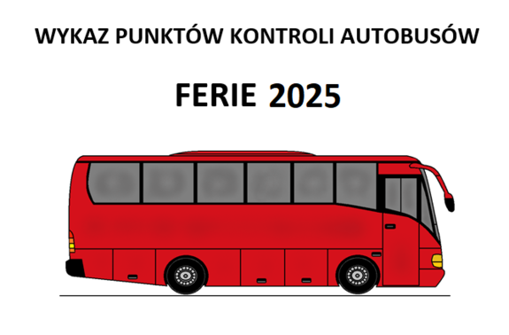 widzimy autobus w kolorze czerwonym i napis bezpieczne ferie 2025