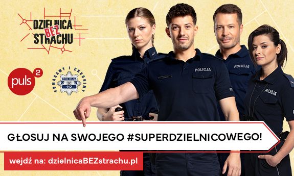 widzimy policjantów i napis między innymi Głosuj Na Swojego Suoper dzielnicowego.