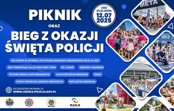 widzimy między innymi osoby uczestniczące w biegu i napis Piknik oraz Bieg z Okazji Święta Policji.