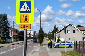 widzimy policjantów w rejonie oznakowanego przejścia dla pieszych.