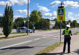 widzimy policjantów w rejonie oznakowanego przejścia dla pieszych.