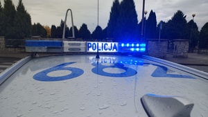 widzimy dach policyjnego radiowozu z włączonymi światłami błyskowymi na tle radiowozu.