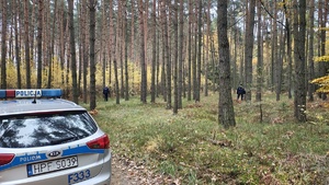 widzimy policjantów patrolujących las w tle radiowozu.