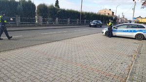widzimy policjanta zatrzymującego pojazd oraz policjanta stojącego przy radiowozie.