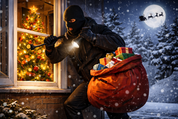 widzimy postać ubraną na czarno z latarka w ręku i kominiarką na głowie z workiem rożnych rzeczy  przy oknie budynku.