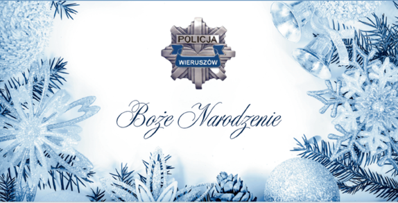 widzimy kartkę świąteczna oraz odznakę policyjna z napisem policja Wieruszów i Boże Narodzenie.