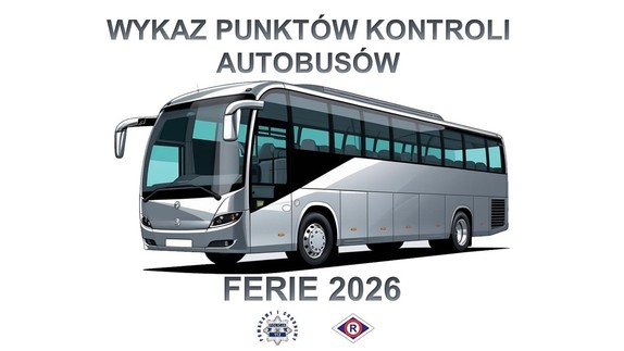 na zdjęciu widzimy autobus i napis Wykaz Punktów Kontroli Autobusów Ferie 2026.