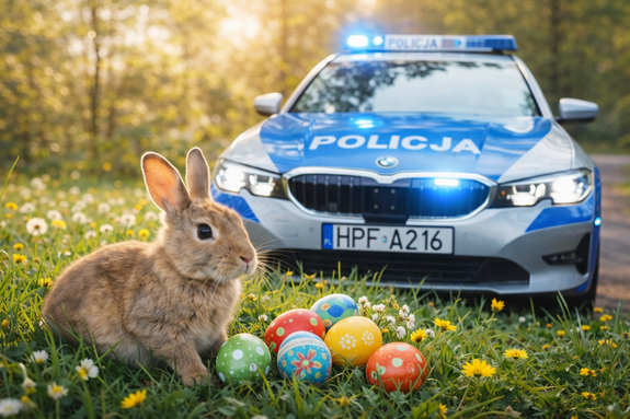 widok radiowozu i zajączka