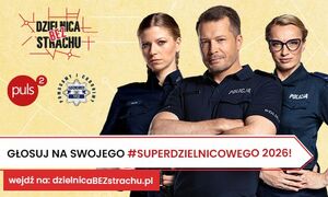 widzimy policjantów i napis głosuj na swoje superdzielnicowego 2026.
