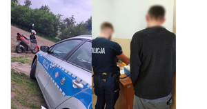 widzimy zatrzymanego z policjantem od prawej a z lewej policyjny radiowóz oraz motorower
