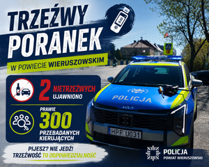 widzimy policyjny radiowóz i napis miedzy innymi trzeźwy poranek.