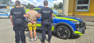 na zdjęciu widnieją policjanci z osobą zatrzymaną w tle radiowóz