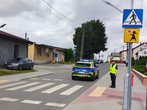 widzimy policjanta w rejonie przejścia dla pieszych wraz z oznakowanym radiowozem.