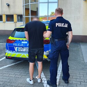 widzimy zatrzymanego z policjantem przy radiowozie.