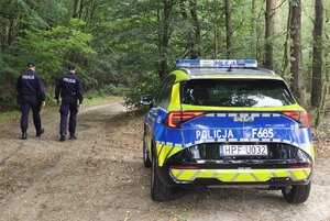 widzimy radiowóz stojący przy lesie oraz patrolujących policjantów.
